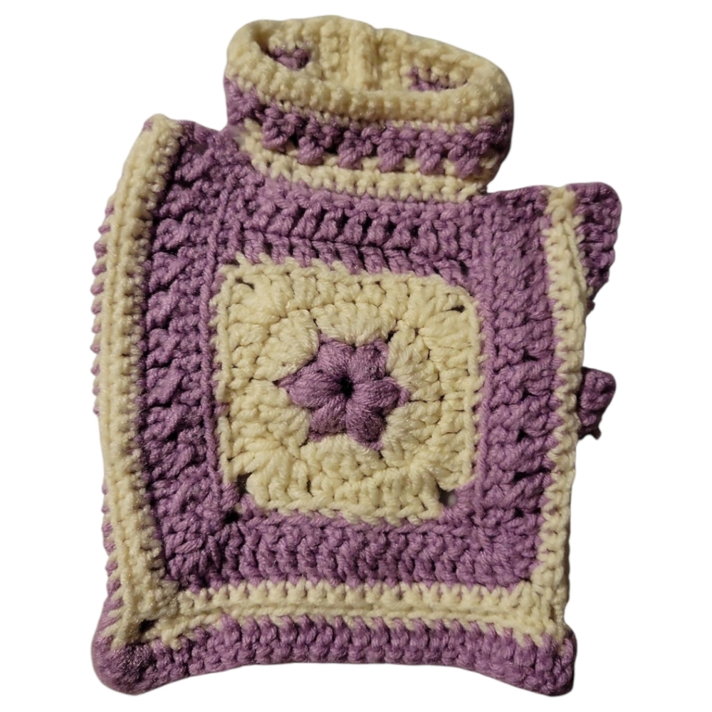 😀 Hand Crafted Granny Square Sweater Purple White Star Pattern Crocheted Button